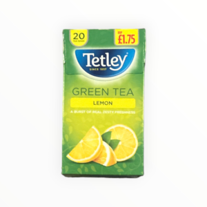 Front facing image of the green tea box green with an image of lemons and the price of £1.75